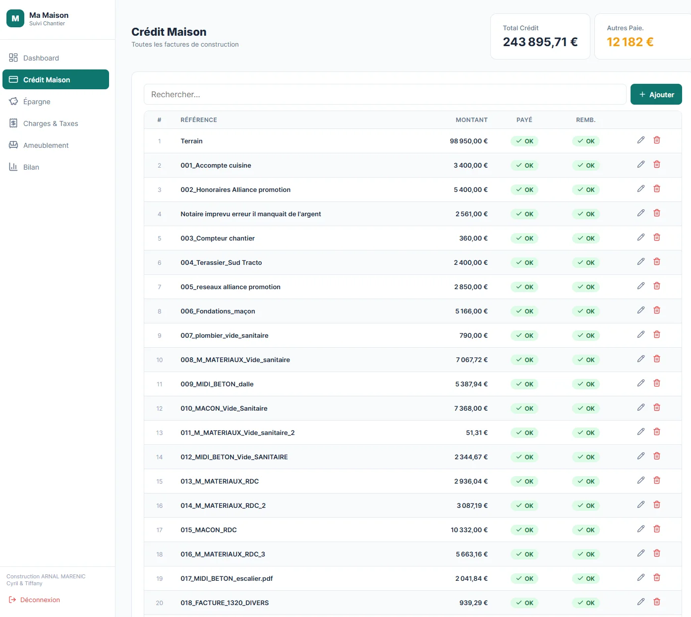 Crédit Maison - suivi des factures de construction